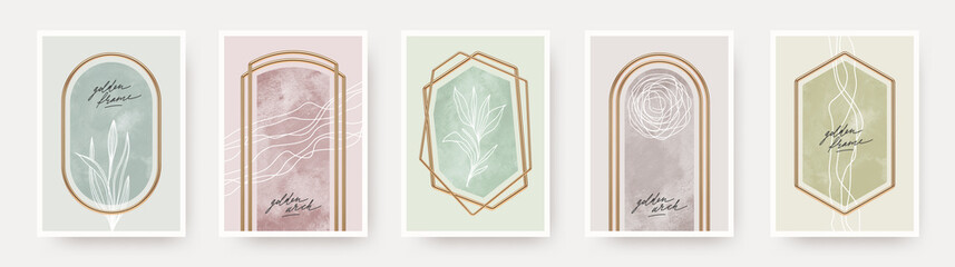 Set of abstract modern poster. Realistic golden frames and arches with watercolor and botanical hand drawn elements. Elegant luxury design for poster, flyer, cover, postcard. Vector illustration.