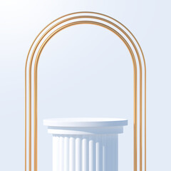White podium like a classic column for product presentation. Podium stage with golden arches. Minimal scene with podium, Vector illustration.
