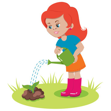 The girl is watering the plants in the garden from a watering can. The child is taking care of the flowers. Vector illustration.