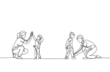One continuous line drawing of young mom giving high five to daughter and father tying his son shoelaces. Happy family parenting concept. Dynamic single line draw design vector illustration