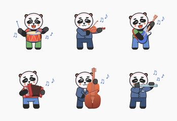 Set of panda characters playing on various musical instruments. Cute panda with drums, violin, guitar, accordion, double bass, flute. Vector illustration