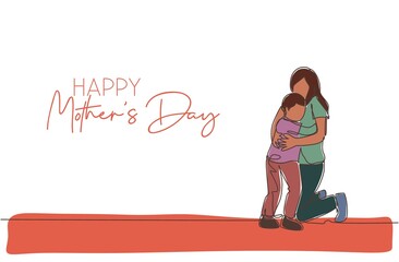Single continuous line drawing of young mom hugging her daughter before go to school. Happy mother's day concept. Greeting card with typography. Trendy one line draw design vector illustration
