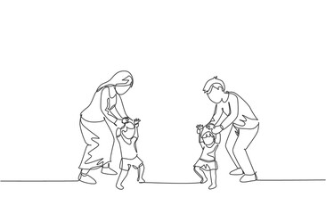 One single line drawing of young parents teaching their twin kids to walk at home vector illustration. Happy family parenting concept. Modern continuous line draw design