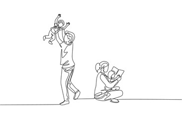 One single line drawing of young sitting on floor and reading book to daughter while dad playing with son at home vector illustration. Happy family parenting concept. Continuous line draw design
