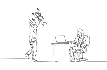 Single continuous line drawing of young mom work typing on laptop and dad playing with son at home. Happy family parenting concept. Trendy one line draw design vector illustration
