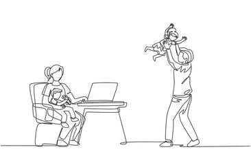 One continuous line drawing of young mother work typing on laptop and father playing with daughter at home. Happy family parenting concept. Dynamic single line draw design vector illustration