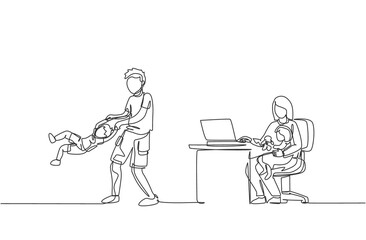 Single continuous line drawing of young mom work typing on laptop and dad playing with daughter at home. Happy family parenting concept. Trendy one line draw design vector illustration