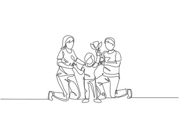 Single continuous line drawing of little girl celebrate trophy victory with her parent after winning competition. Happy family parenting concept. Trendy one line draw design vector illustration