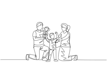One continuous line drawing of little boy celebrate trophy victory with his mother and father after win competition. Happy family parenting concept. Dynamic single line draw design vector illustration