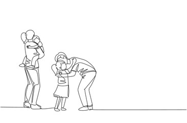 One continuous line drawing of young father hugging his daughter before go to the office while mother carrying son at home. Happy family parenting concept. Single line draw design vector illustration