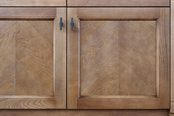 Cabinet facade with closed doors made of solid ash timber in comfortable modern summer kitchen at country house close view