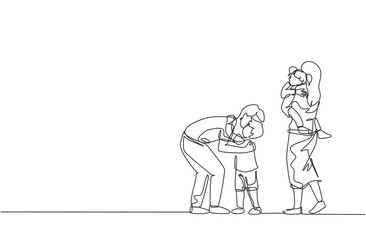 One single line drawing of young father hugging his son before go to the office while mom carrying daughter at home vector illustration. Happy family parenting concept. Continuous line draw design