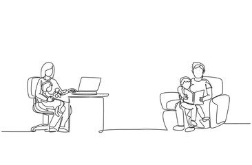 One continuous line drawing of young dad reading book to son and mother typing on laptop at home. Happy family parenting concept. Dynamic single line draw design vector illustration