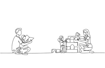One single line drawing of young dad reading book to son and mom playing block puzzle house with daughter vector illustration. Happy family parenting concept. Modern continuous line draw design