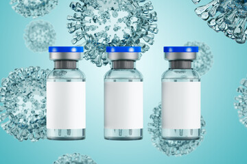 Three vials of the COVID-19 coronavirus vaccine. A glass bottle with an empty label and a blue lid against the background of the SARS-CoV-2 virus. Copy space. 3D rendering