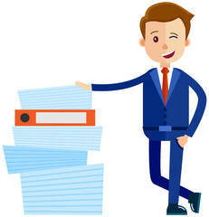 Businessman trying to stay calm with tasks on paper sheets. Male character planning his schedule to finish task on time. Smiling employee is standing near large stack of documents and folders