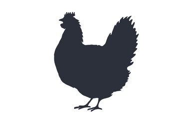 Rooster, chicken, hen, silhouette. Black white silhouette of rooster or hen. Vintage logo, retro print for Butchery meat shop, restaurant menu, rooster silhouette. Vector Illustration