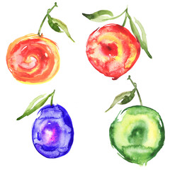 Abstract fruits watercolor set. Art fruits. Beautiful watercolor logo, sticker, label. Fruit peach, lime, lemon, plum, apple, apricot. On a white isolated background. Ripe fruit with a branch, a leaf.