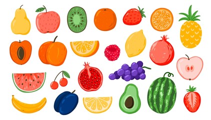 Set of fruits. Natural, tropical summer fruits and berries. Doodle, cartoon style. Fresh, juicy, healthy food.