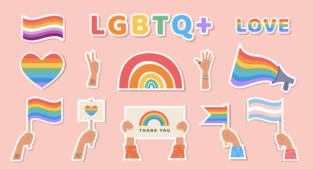 Set of stickers with LGBTQ symbols. LGBT, transgender and lesbian flag. Rainbow heart. Hands with placard. Pride month celebration. Gay parade. Flat style icons for print. - obrazy, fototapety, plakaty