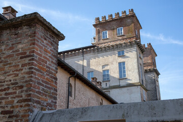 Fototapeta na wymiar Robecco sul Naviglio ( MI ), Italy - April 01, 2021: Palazzo Archinto at Robecco sul Naviglio town and Naviglio Grande, Milano, Lombardy, Italy