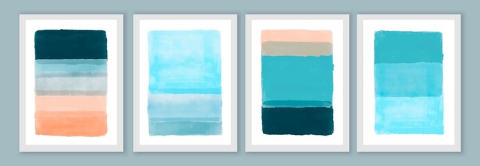 Abstract hand painted wall art posters, brochure, cover backgrounds. Blue and peach colors.