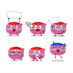 Mascot design style of strawberry macaron character as an attractive supporter