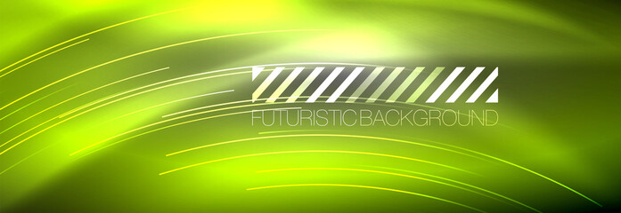 Neon glowing lines, magic energy and light motion background. Vector wallpaper template