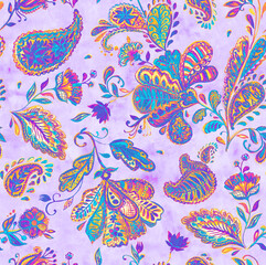 Obraz premium Paisley watercolor floral pattern tile: flowers, flores, tulips, leaves. Oriental indian traditional hand painted water color whimsical seamless print, ceramic design. Abstract india batik background