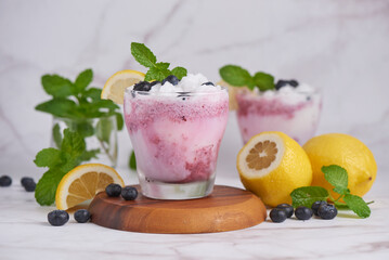 Homemade fresh fruit smoothies. summer fresh fruit drink. fruit flavored water mix with lemon, blueberry and mint leaves, detox water cocktail, well being and weight loss concept, selective focus.