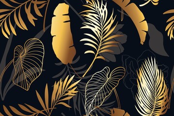 Luxury black and gold seamless pattern with golden exotic leaves. Palm, banana leaves, line rt flowers.