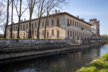 Robecco sul Naviglio ( MI ), Italy - April 01, 2021: Robecco sul Naviglio Villa Gaia and Palazzo Archinto, Milano, Lombardy, Italy..