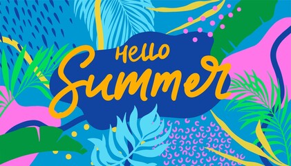 Summer web banner. Colorful botanical elements, anstract shapes, lines. Tropical leaves.