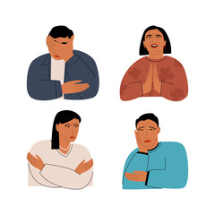Set of sad people on white background. Vector flat illustration with portraits of saddened men and women.  Different upset faces 
