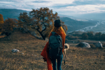 Fototapeta premium woman hiker with backpack on nature landscape dog