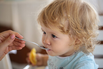 Feeding baby. Mother giving healthy food to her adorable child at home.