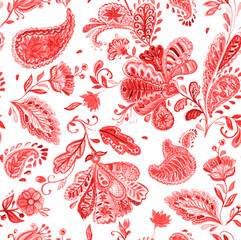 Paisley watercolor floral pattern tile: flowers, flores, tulips, leaves. Oriental indian traditional hand painted water color whimsical seamless print, ceramic design. Abstract india batik background