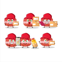 Cartoon character design of red macaron working as a courier