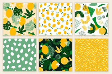 Custom vertical slats with your photo Set of Seamless patterns with lemons, exotic palm leaves. Flat minimalist cut out paper style.