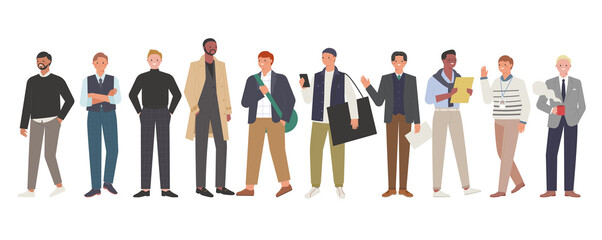 Fototapeta na wymiar Stylish business men. Male characters in suits and casual fashion are standing. vector flat design illustration.