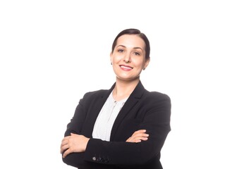 Typical caucasian adult businesswoman, waist up shot, isolated on white. Attractive friendly smiling woman in formal suit, Manager, teacher, interpreter or speaker.