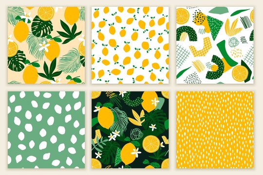 Set of Seamless patterns with lemons, exotic palm leaves. Flat minimalist cut out paper style.