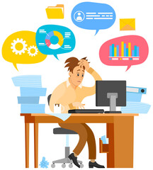 Busy businessman stressed due to excessive work with statistics. Male employee performs statistical calculations to deal with deadlines. Man looks at computer screen and analyzes business data
