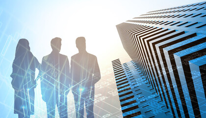 Trade market background. stock exchange and Business teamwork Silhouette for art work with blue industry city background.-3d rendering