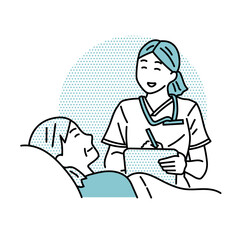 診察をする女性医師　入院する高齢の女性患者