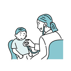 診察をする女性医師　診察を受ける男の子