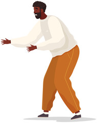 Man with scared expression and his hands in defenses position. Scared african american guy vector illustration. Male character with face in horror looking at something. Person defends against danger