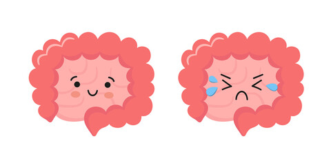 Happy and sad kawaii characters of intestine. Healthy smily and unhealthy cry gut characters. Abstract bowels. Vector illustration isolated on white background.