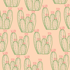 Cactus green plant line art Vector Seamless Repeating Pattern. Great as a textile print, fabric, background, packaging or giftwrap, wallpaper, scrapbooking, bookcover. Surface pattern design.