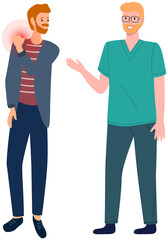 Man is examined in hospital. Person complains to doctor about painful sensations in arm joint. Male character feeling pain in his shoulder. Patient with pain in shoulder in consultation with doctor